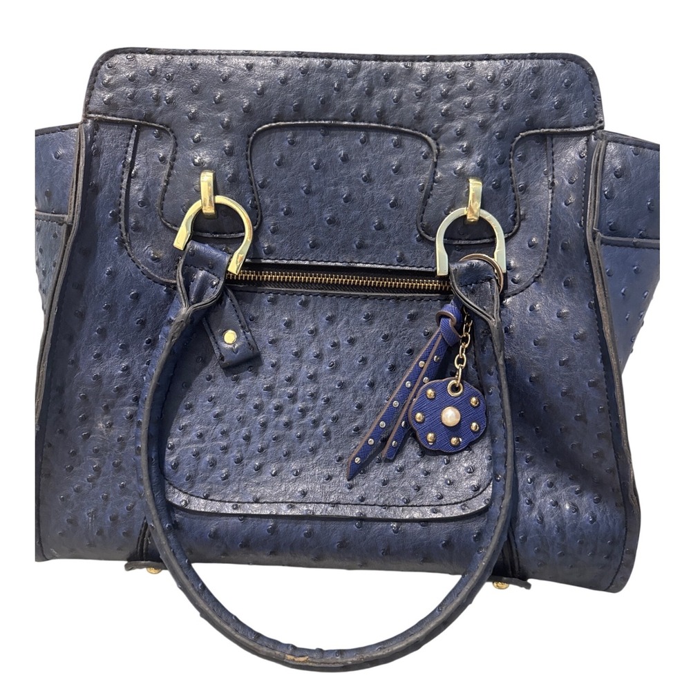 London Fog Navy Blue Ostrich satcel medium bag pebbled texture gold‎ hardware
